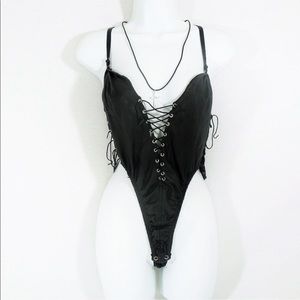 Vintage Lace Up Bodysuit Black Leather XS